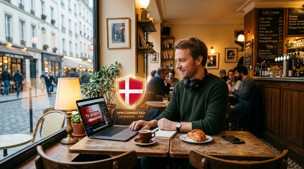 Danish expat watching DR1 abroad on laptop using VPN to access IPTV Denmark subscription from Paris