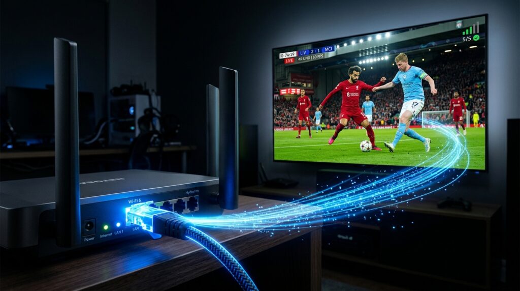 Ethernet cable connected to router enabling buffer-free IPTV streaming of live football in 4K on a large screen TV