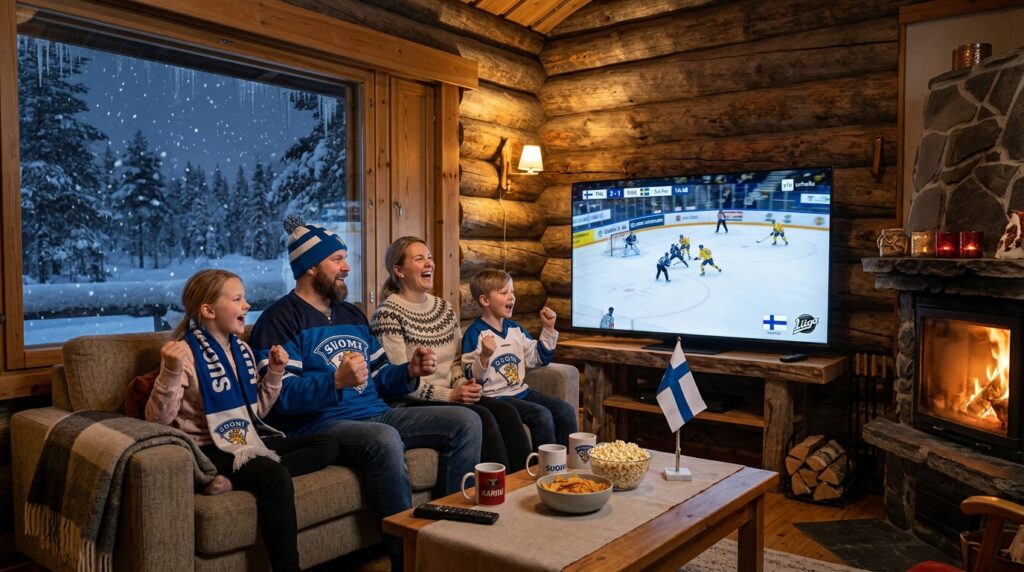 Finnish family watching Liiga hockey on IPTV in cozy Nordic cabin with Finnish channels including Yle and MTV3