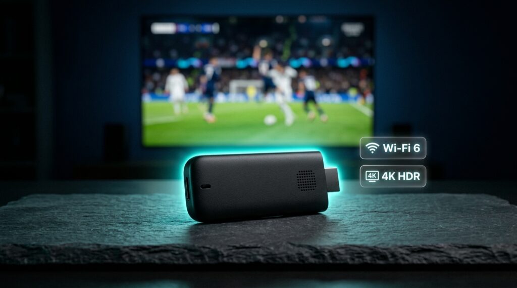 A cinematic close-up of a Fire TV Stick 4K Max streaming device with cyan glow on a dark surface, the recommended hardware for IPTV setup in the UK in 2026.