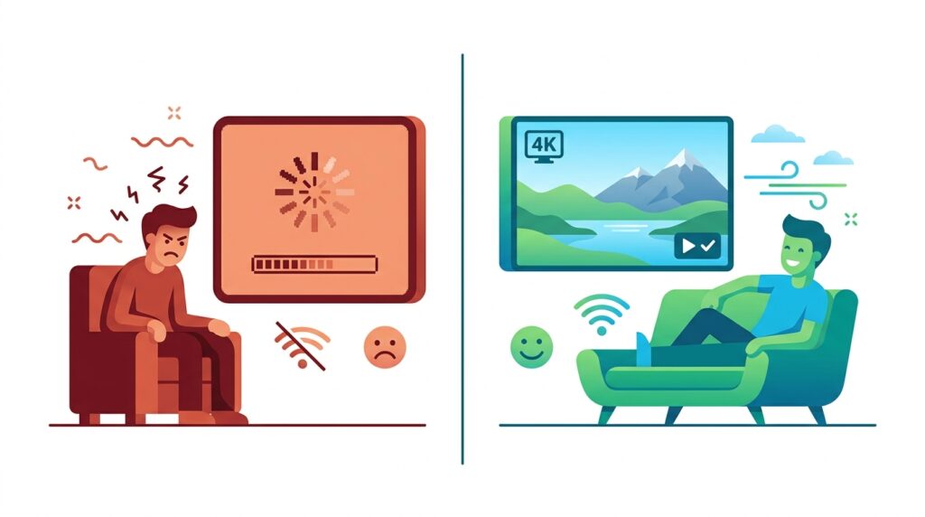 Flat design comparison illustration showing buffering frustration versus smooth 4K IPTV streaming experience with a premium subscription