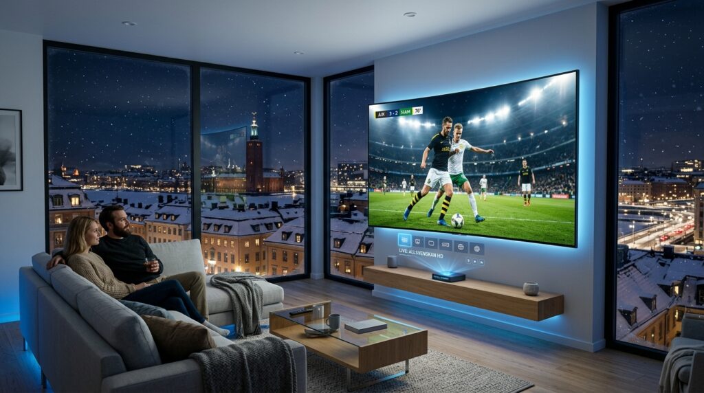 Futuristic Swedish living room with massive 8K curved display and next-generation IPTV streaming box representing the future of IPTV Sweden beyond 2026