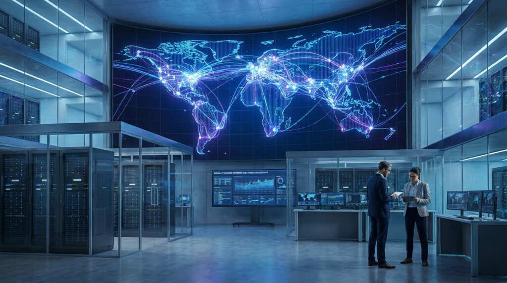 Global streaming infrastructure with connected servers and high-speed network technology.