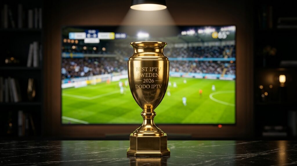 Gold trophy engraved with Best IPTV Sweden 2026 DODO IPTV winner award on black marble desk with 4K football stream visible on Smart TV in background