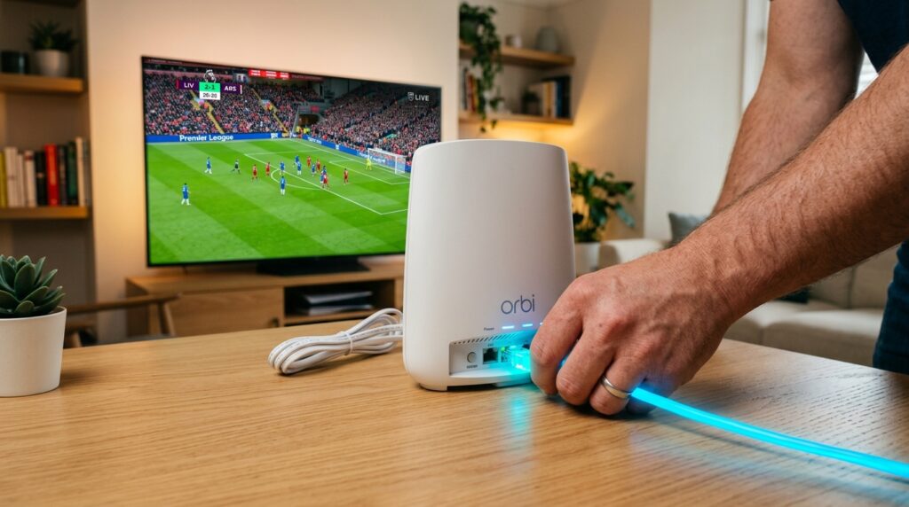 Hands connecting Ethernet cable to Wi-Fi 6 router to achieve IPTV without buffering while streaming 4K football on Smart TV in Swedish home