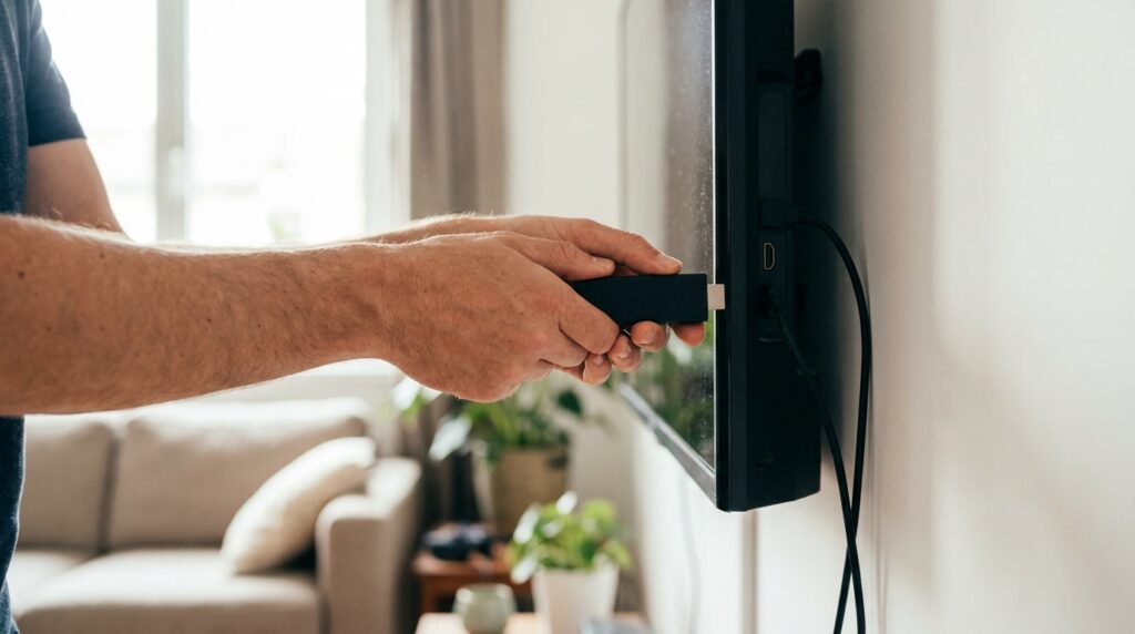 How to setup IPTV on Firestick – hands plugging Fire TV Stick into HDMI port of smart TV

