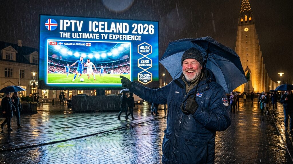 Man pointing at IPTV Iceland 2026 billboard in Reykjavik showing live 4K football with zero buffering