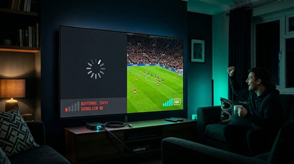 A split-screen TV showing buffering on the left versus a crystal-clear 4K live football match on the right, demonstrating how to achieve IPTV without buffering on Firestick UK.