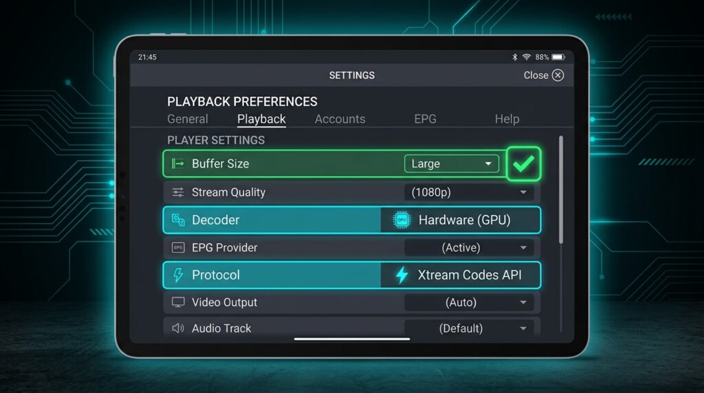 IPTV player app settings panel showing buffer size, hardware decoder, and Xtream Codes API configuration