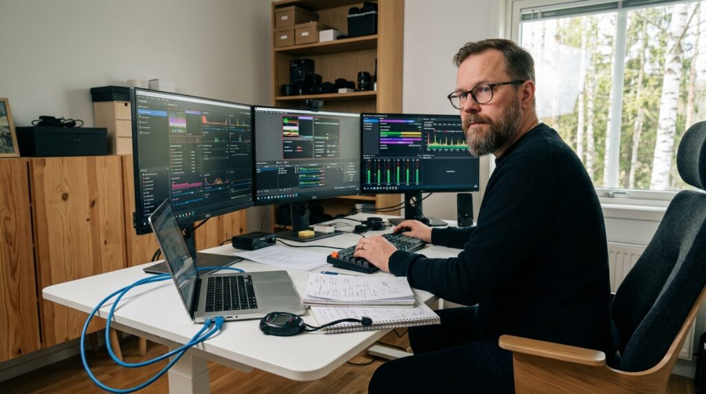 IPTV provider testing methodology – streaming devices and performance data on a research desk
