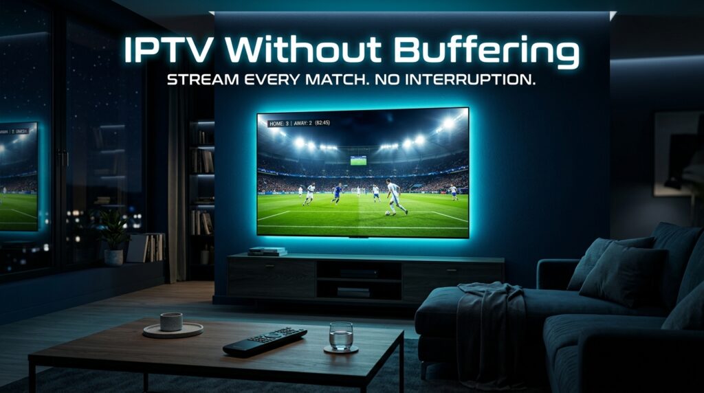 Crystal-clear 4K TV streaming live sports in a modern living room — IPTV without buffering in 2026