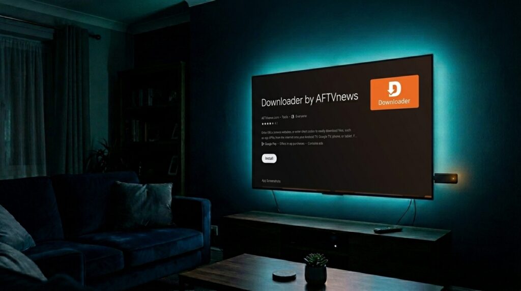 A large dark UK living room TV screen showing a glowing orange download app progress bar, illustrating how to install the Downloader app to sideload IPTV software on Firestick.