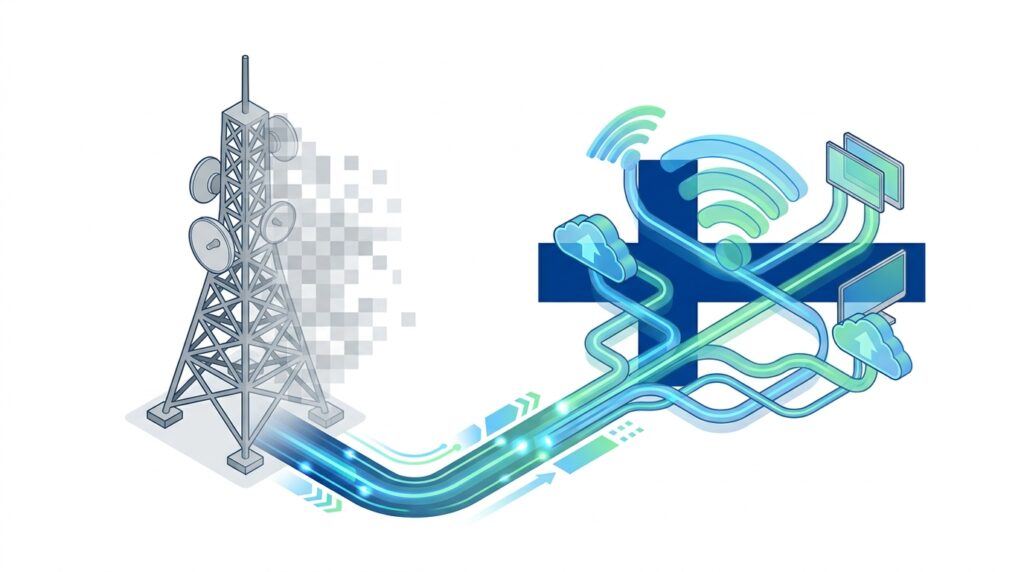 Isometric illustration showing the transition from traditional Finnish broadcast TV to modern IPTV digital streaming technology in 2026
