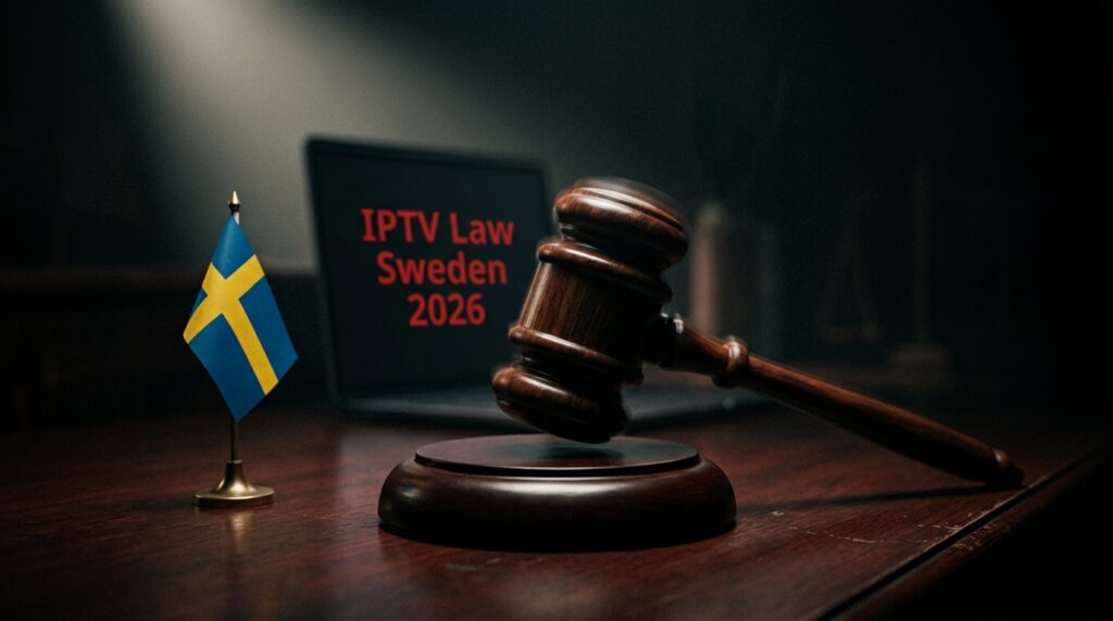 Judge's gavel striking sound block beside Swedish flag representing new July 2026 laws criminalizing unauthorized IPTV Sweden subscription viewing and providers