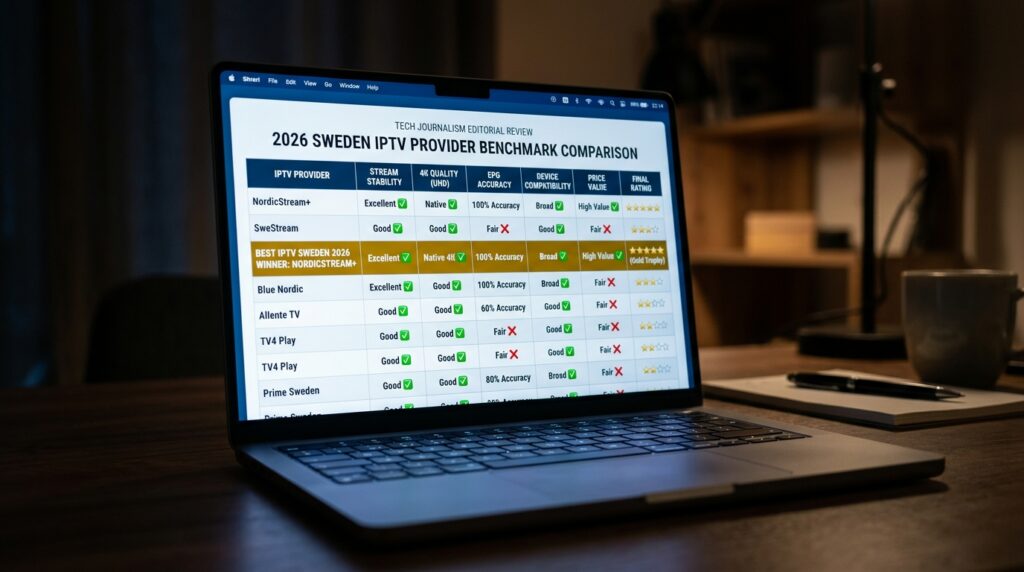MacBook screen displaying IPTV Sweden 2026 benchmark comparison table rating top providers on stream stability 4K quality EPG accuracy and device compatibility