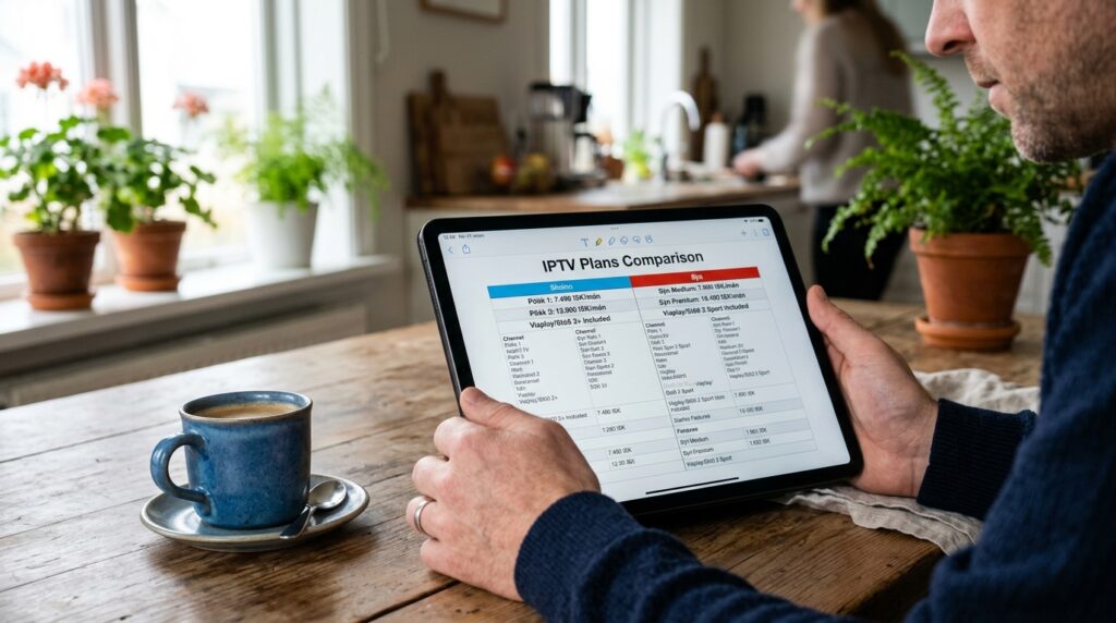 Man comparing Síminn and Sýn IPTV subscription plans on a tablet in an Icelandic home