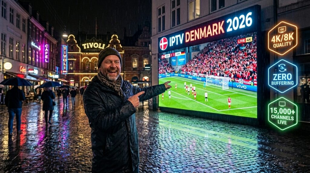 Man pointing at IPTV Denmark 2026 billboard showing live football in 4K on a rainy Copenhagen street