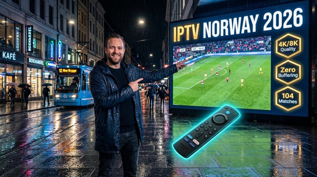 Man pointing at IPTV Norway 2026 billboard in rainy Nordic city street with Amazon Firestick, showing 4K quality and zero buffering features