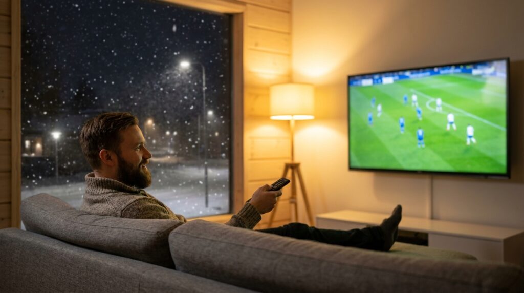 Modern Finnish living room with a 4K smart TV streaming live sports via IPTV, aurora borealis visible through winter window, representing IPTV Finland 2026 streaming experience