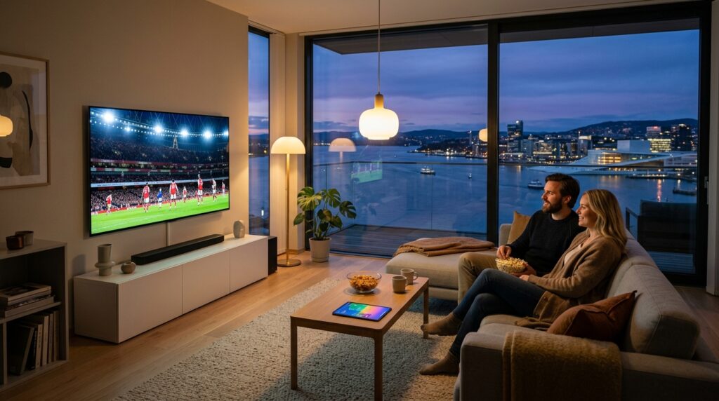 Modern Norwegian living room with 4K OLED TV streaming IPTV Norway content replacing traditional cable