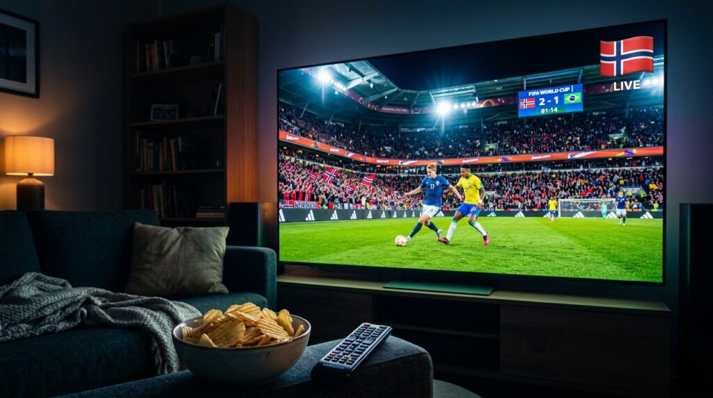 Norwegian football fan watching World Cup 2026 live stream on IPTV subscription with zero buffering