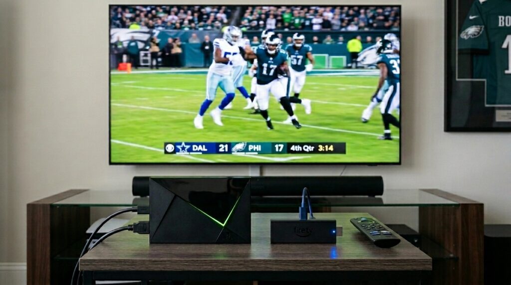 Nvidia Shield TV Pro and Amazon Firestick 4K Max side by side for premium IPTV Denmark streaming setup