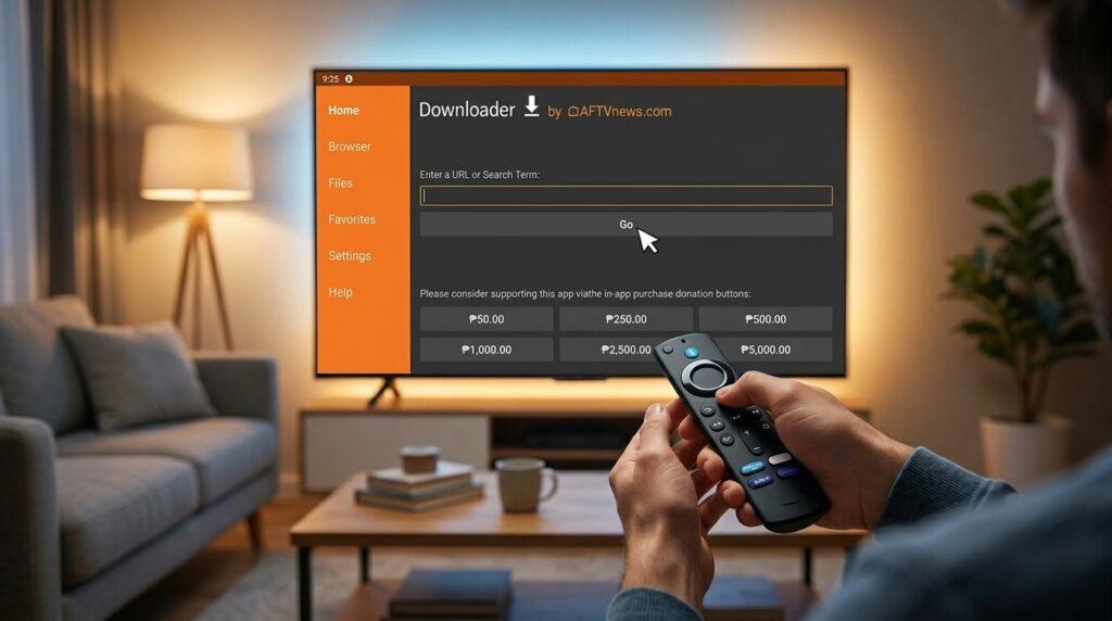 Person setting up IPTV on Amazon Firestick following step-by-step guide displayed on TV screen in modern living room