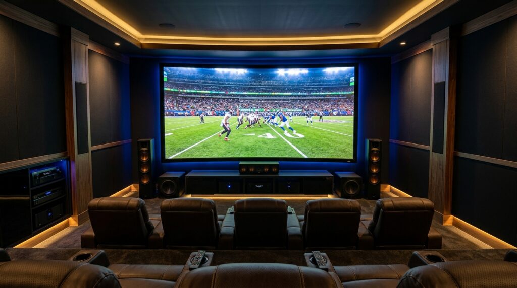 Premium home cinema with 8K screen delivering the best IPTV service experience in 2026 with zero buffering