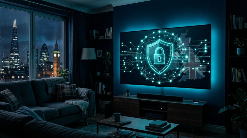 A cinematic dark UK living room TV displaying a glowing VPN shield and encrypted server network, showing how a VPN protects IPTV streaming on Firestick from ISP throttling in 2026.