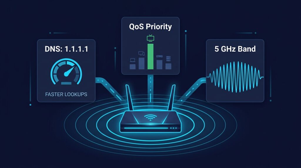 Router infographic showing DNS change, QoS priority settings, and 5GHz band selection for IPTV stability