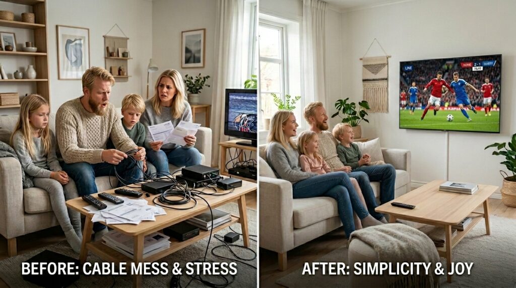 Scandinavian family switching from expensive cable TV to affordable Nordic IPTV streaming service in modern living room