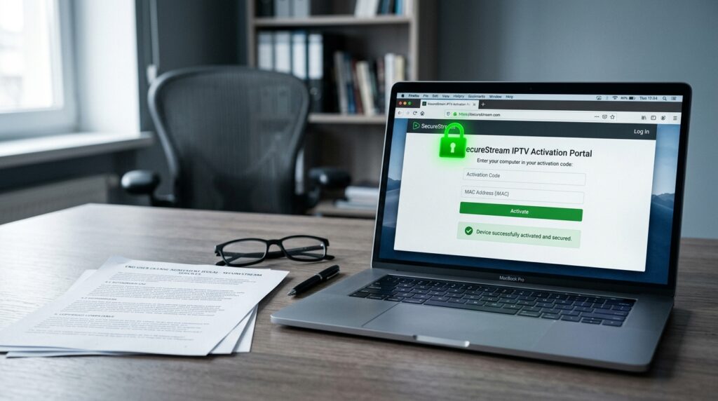 Secure IPTV provider activation portal with HTTPS encryption showing legal subscription verification