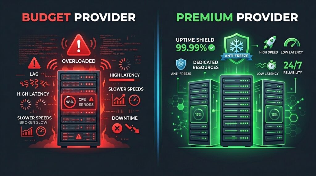 Side-by-side comparison of budget vs premium IPTV provider server infrastructure for stable streaming