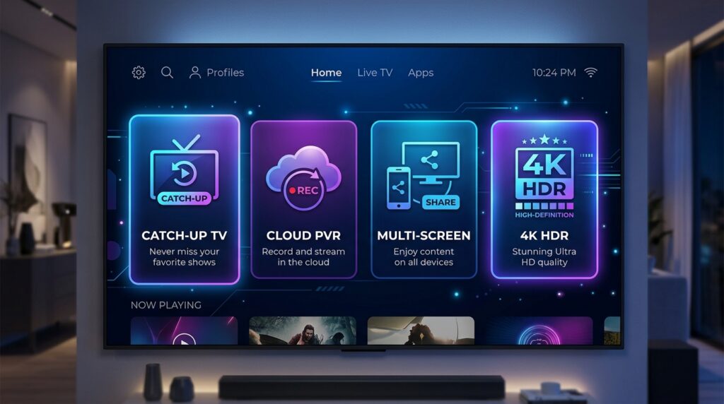 Smart TV dashboard showing advanced IPTV features including Catch-Up TV, Cloud PVR, multi-screen and 4K HDR in 2026