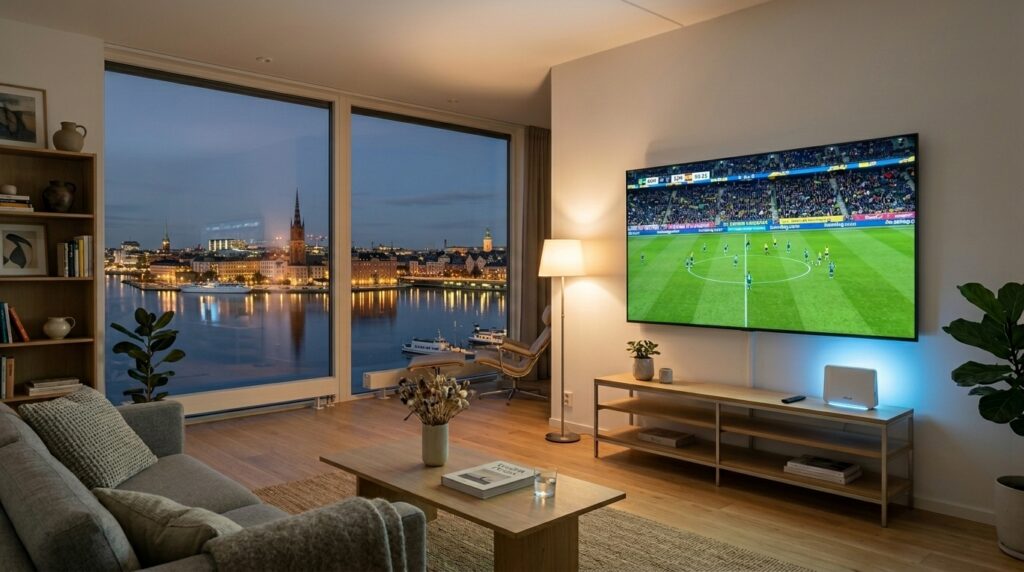 Modern Swedish living room with Smart TV streaming IPTV Sweden replacing traditional cable with fiber internet connection and Scandinavian minimalist interior design
