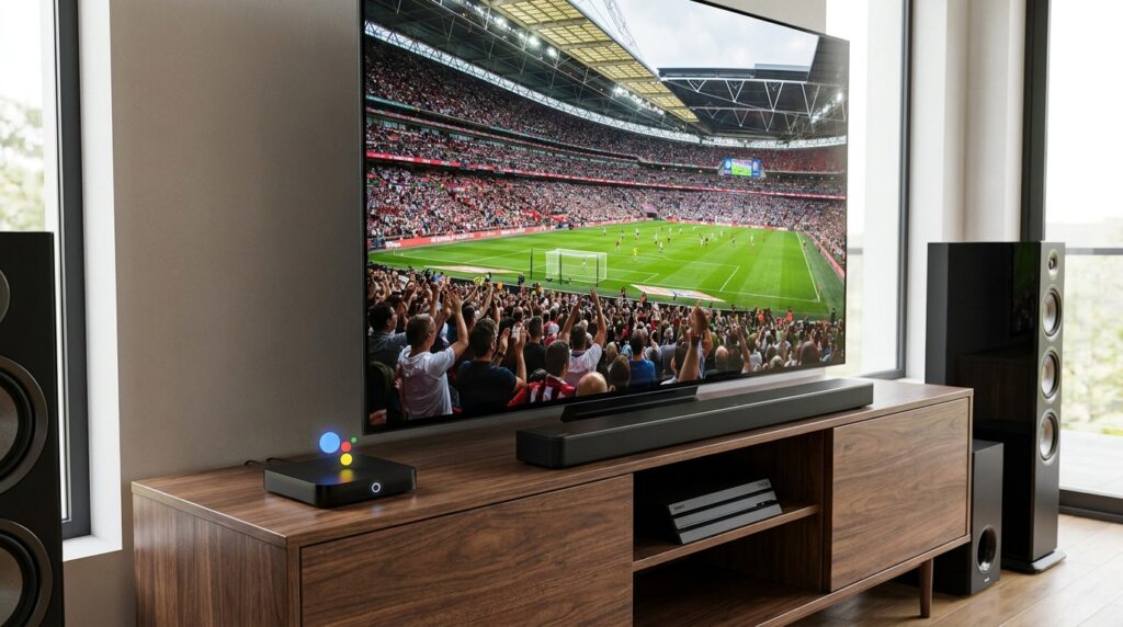 Smart television displaying a modern media player during a live football match.