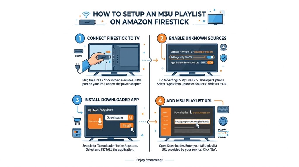 Step-by-step guide infographic showing how to setup IPTV on Firestick in 5 easy steps