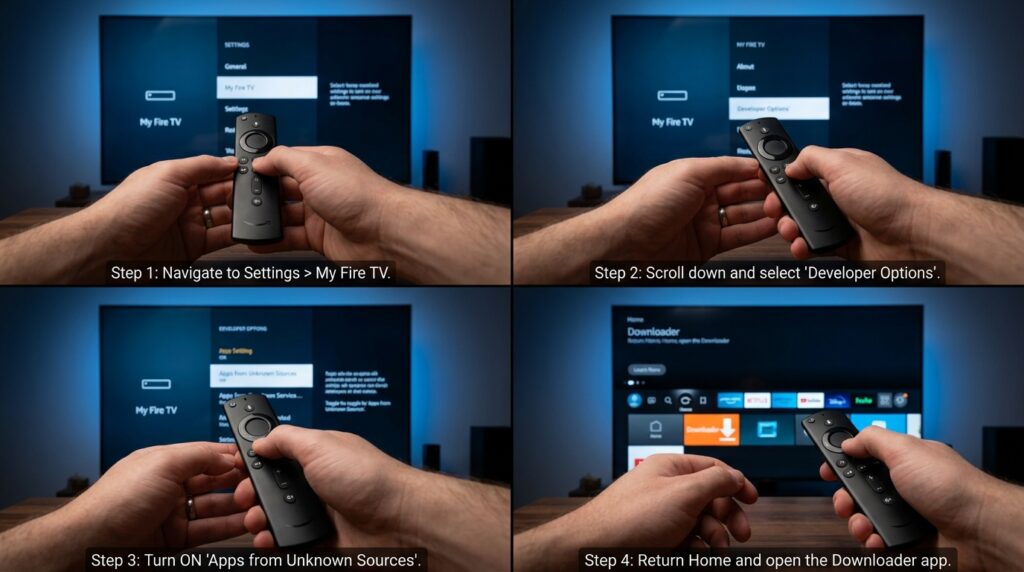 Step-by-step guide showing how to setup IPTV on Firestick with Developer Options and Downloader app
