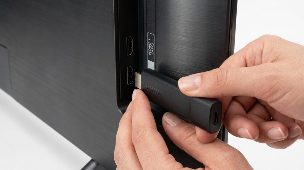Step-by-step visual guide showing how to set up IPTV on a streaming stick device connected to a 4K television HDMI port