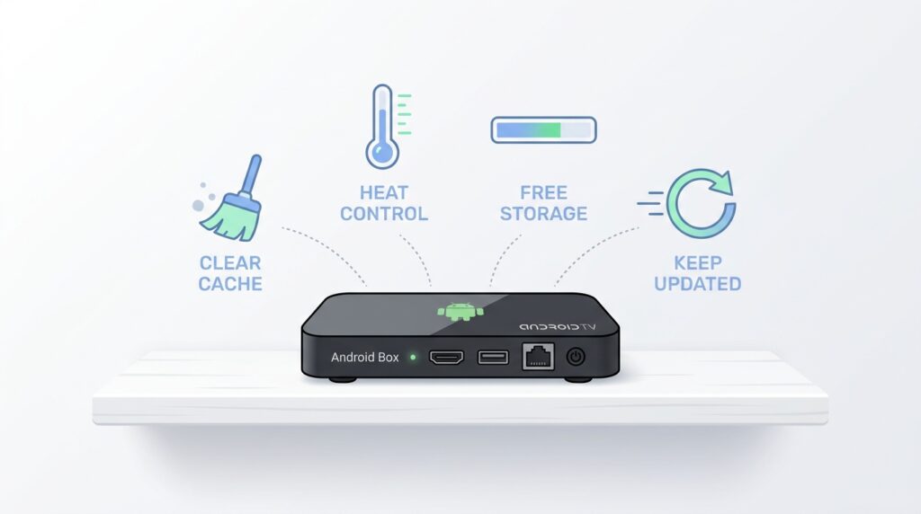 Streaming device maintenance checklist infographic showing cache clearing, heat control, storage, and updates for IPTV