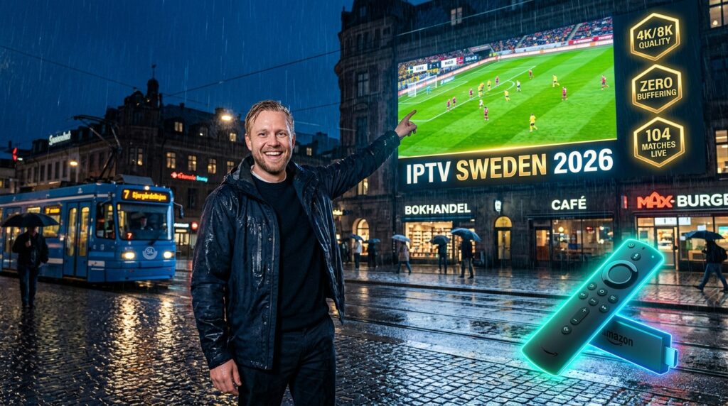 Swedish man pointing at IPTV Sweden 2026 billboard on rainy Stockholm street showing live football match, 4K8K quality badges and glowing Fire Stick remote