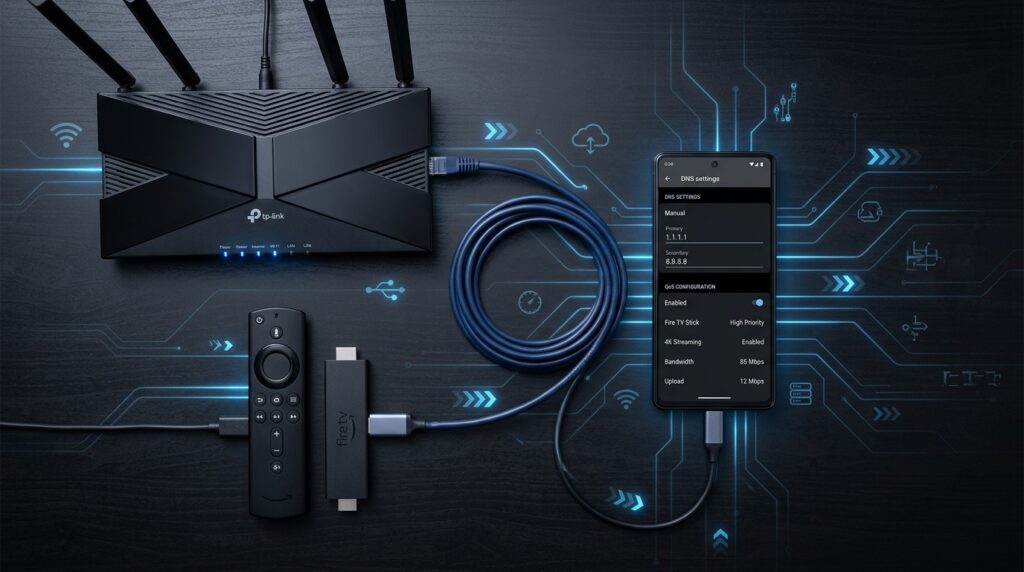 Top-down view of router, Firestick, and smartphone with DNS and QoS settings configured for buffer-free IPTV streaming