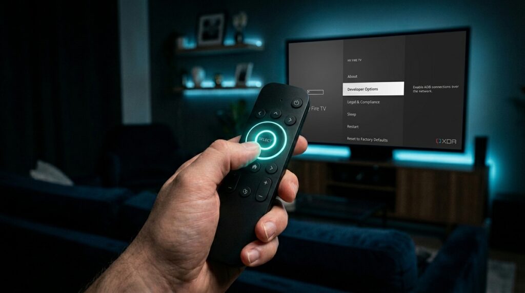 A hand pressing a glowing TV remote button to unlock developer mode on a Firestick, with a dark settings screen visible in the background — Step 1 of IPTV setup UK 2026.