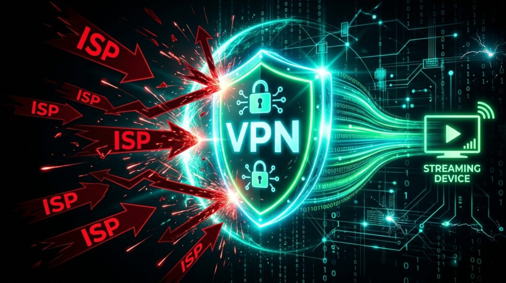 VPN shield blocking ISP throttling arrows to ensure uninterrupted IPTV subscription streaming speed