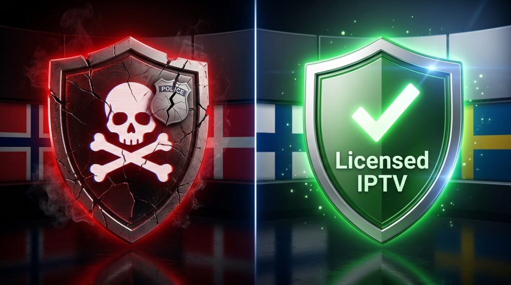 Visual comparison between illegal unlicensed IPTV risks and legal licensed IPTV provider security in Nordic countries