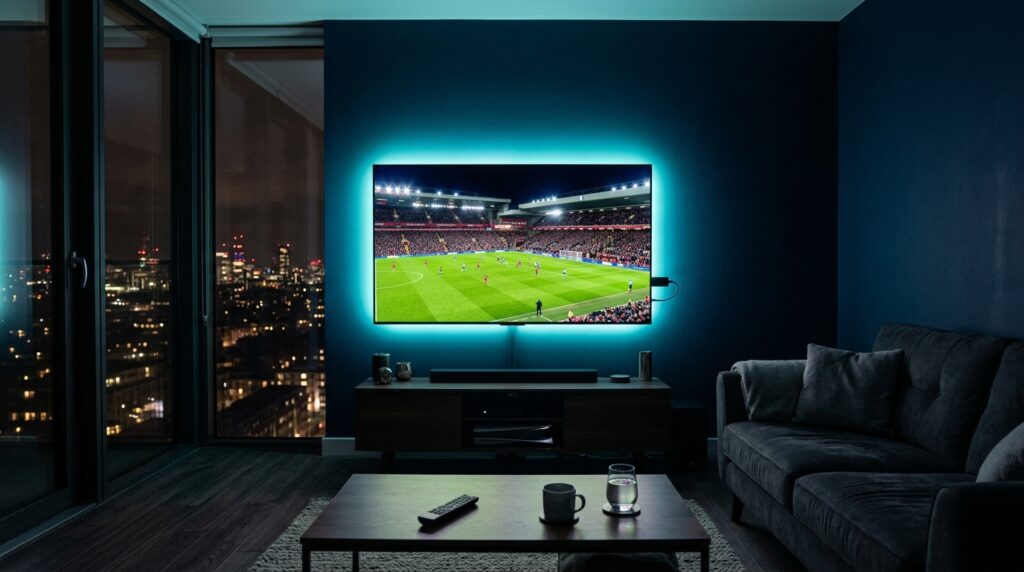 A cinematic dark UK living room at night showing a 65-inch OLED TV streaming a live Premier League football match surrounded by cyan-teal LED backlighting, illustrating how to setup IPTV on Firestick UK in 2026.